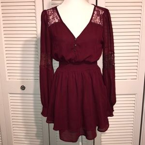 Double Zero Burgundy Chiffon Mini dress w/ Smocked waist & Lace!